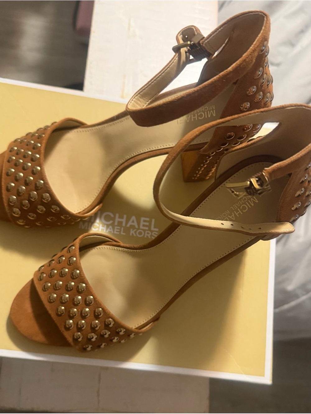 MICHAEL Michael Kors Tan Suede Studded Block Heel Sandals